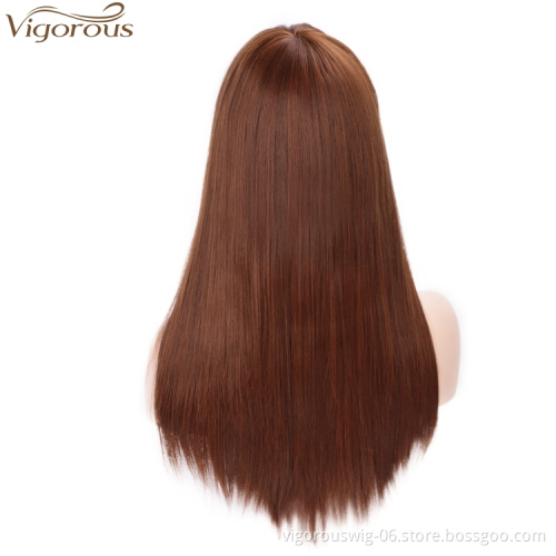 Vigorous Good Quality  High Temperature Long Straight Synthetic Hair Wigs for Women Brown Wigs With Bangs Wholesale